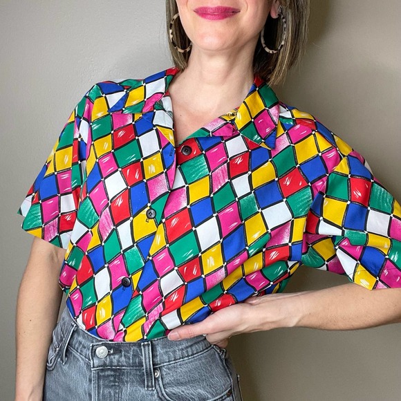 Vintage Tops - 17 Vintage 90s multicolored diamond checkered blouse short sleeve clowncore L